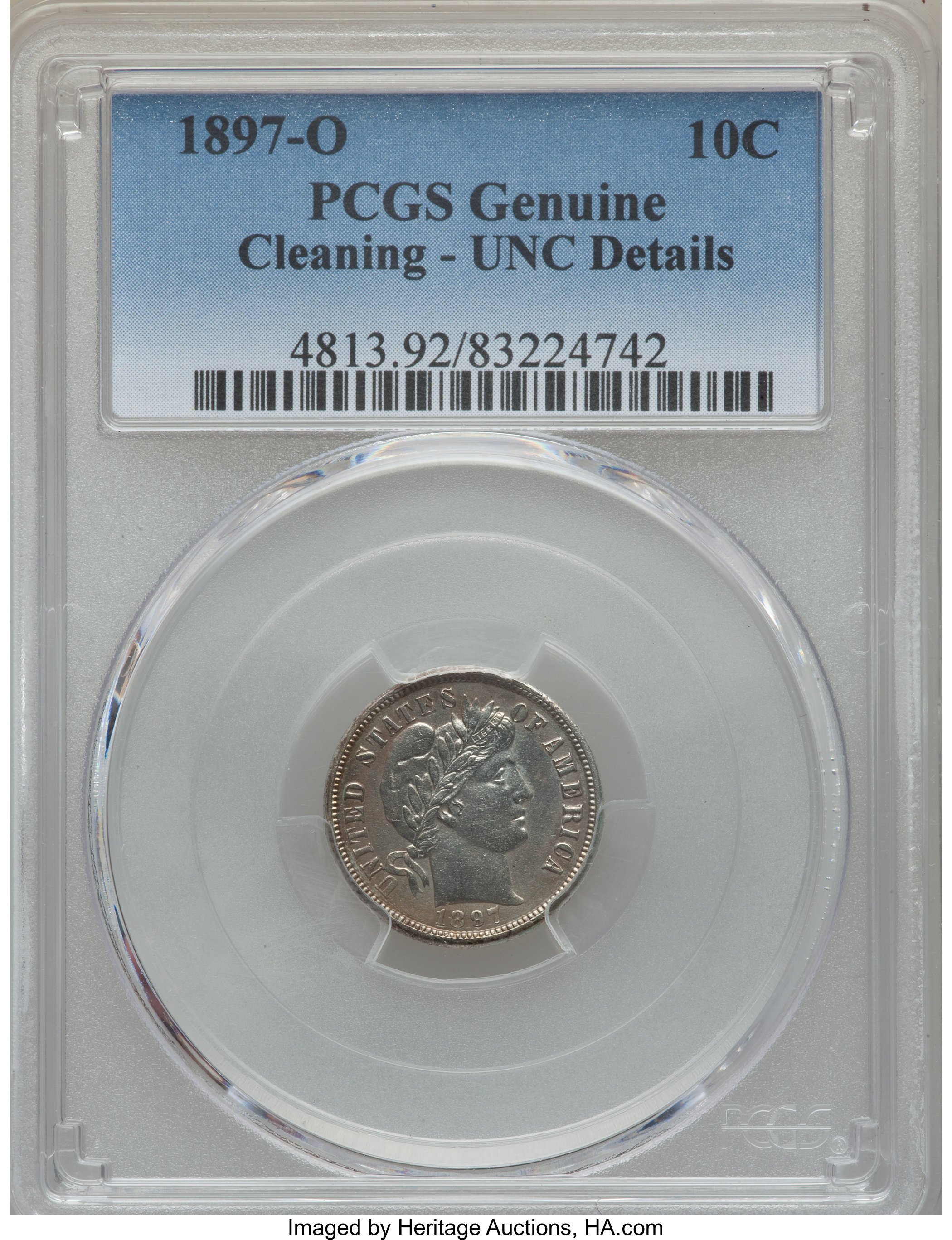 1897-O 10C -- Cleaning -- PCGS Genuine. Unc Details. NGC Census: (0/47). PCGS Population: (1/77). CDN: $800 Whsle. Bid for ...