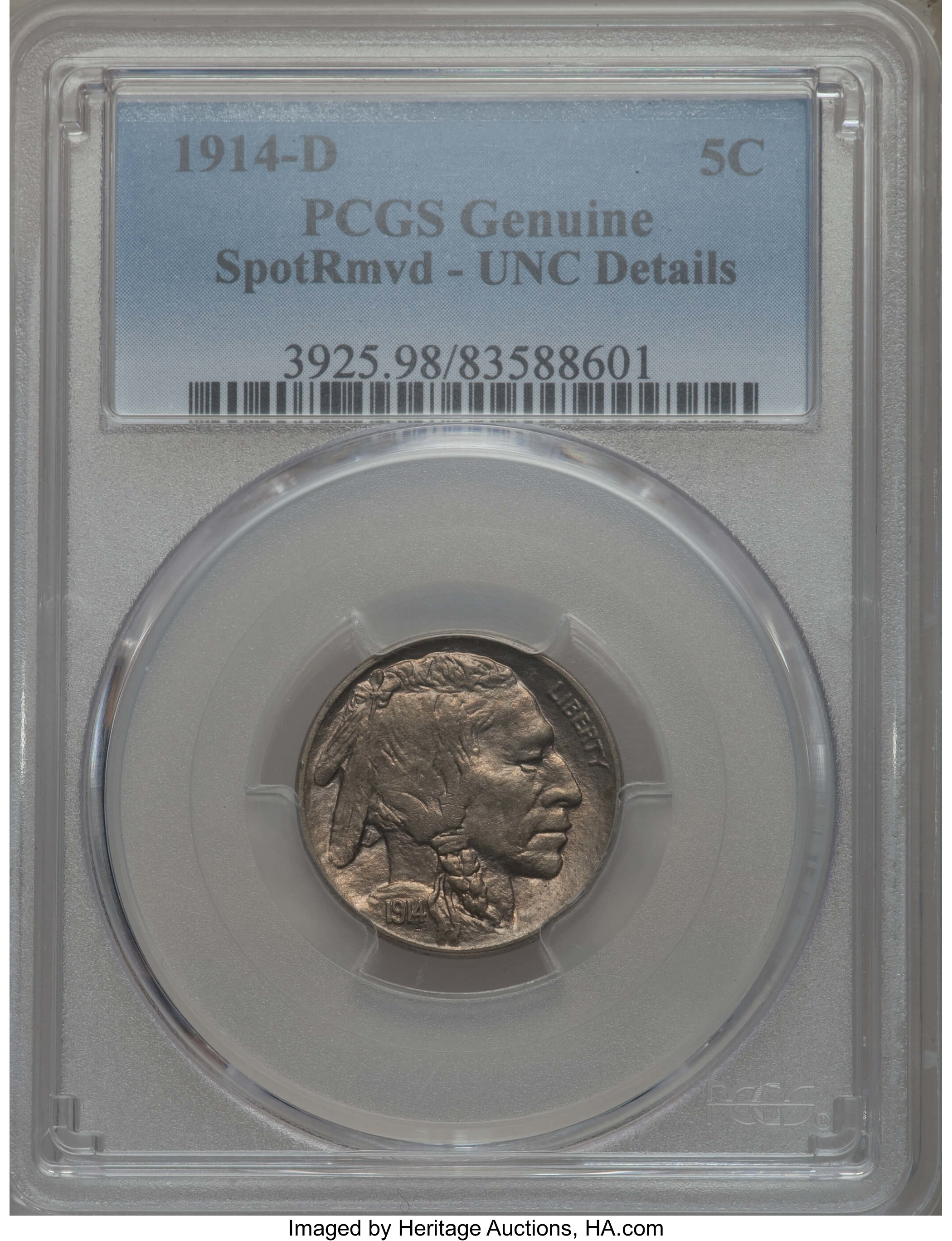 1914-D 5C -- Spot Removed -- PCGS Genuine. UNC Details. NGC Census: (2/652). PCGS Population: (6/1017). CDN: $330 Whsle. Bi...