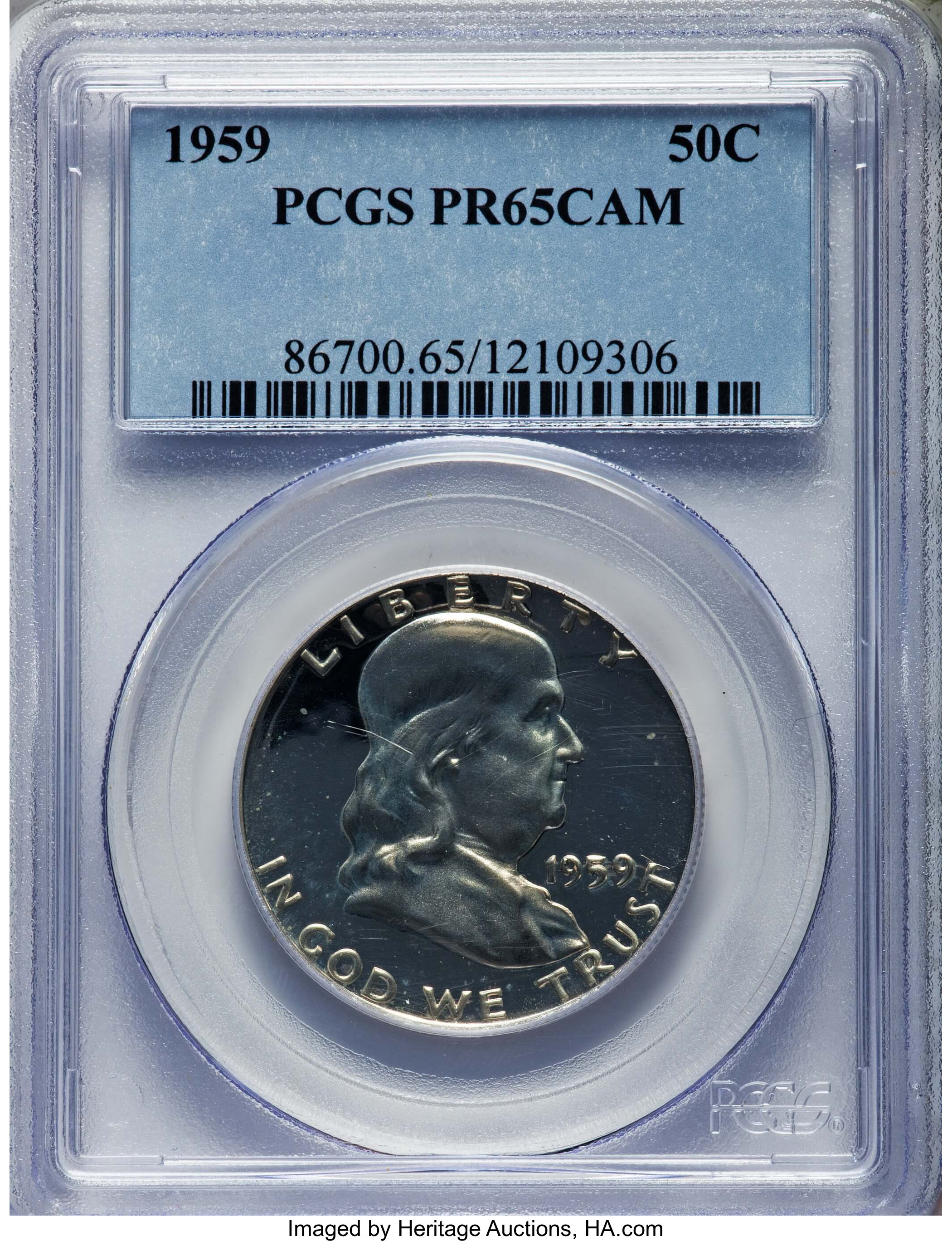 1959 50C PR65 Cameo PCGS. PCGS Population: (78/480). NGC Census: (82/595). CDN: $24 Whsle. Bid for problem-free NGC/PCGS PR...