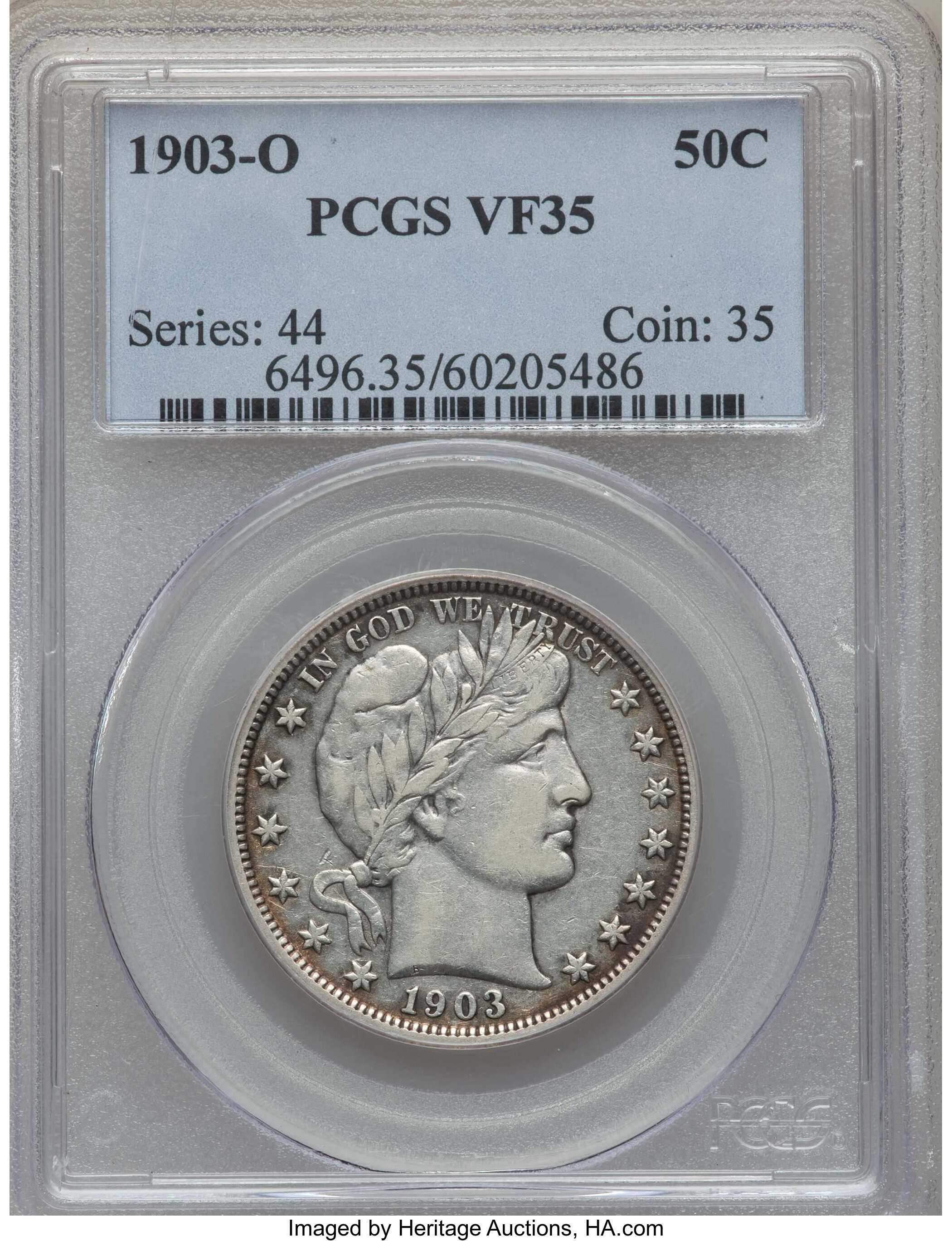 1903-O 50C VF35 PCGS. PCGS Population: (17/209). NGC Census: (7/143). Mintage 2,100,000. ...
