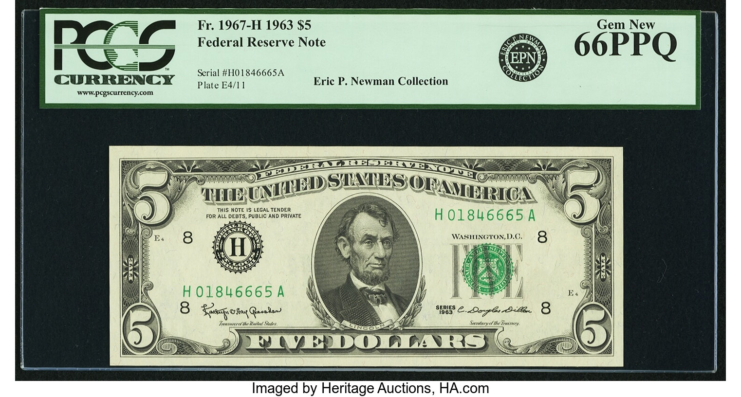 image for: Fr. 1967-H $5 1963 Federal Reserve Note. PCGS Gem New 66PPQ....