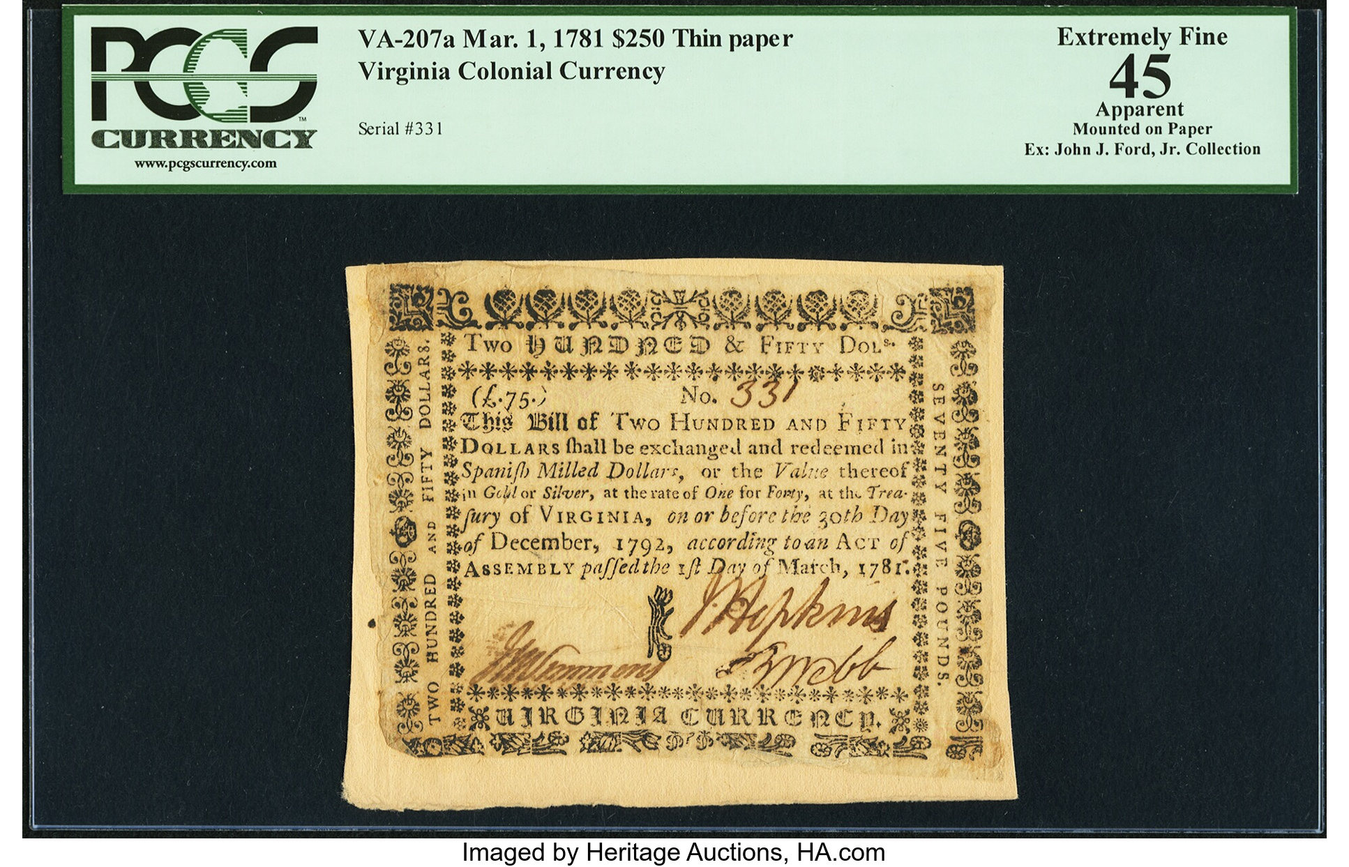 image for: Virginia March 1, 1781 $250 printed on thin laid paper PCGS Apparent Extremely Fine 45....