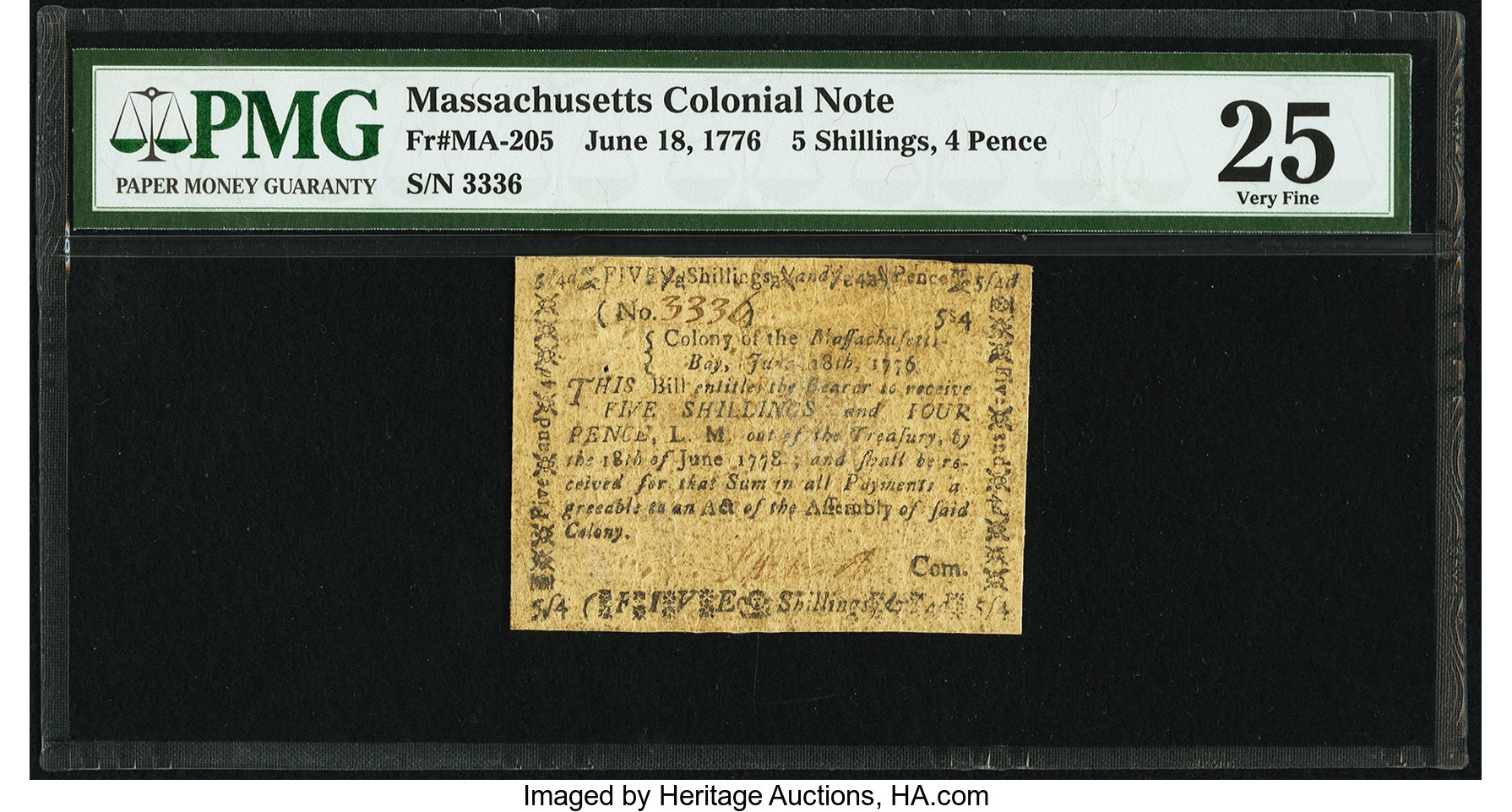 image for: Massachusetts June 18, 1776 5s 4d PMG Very Fine 25....