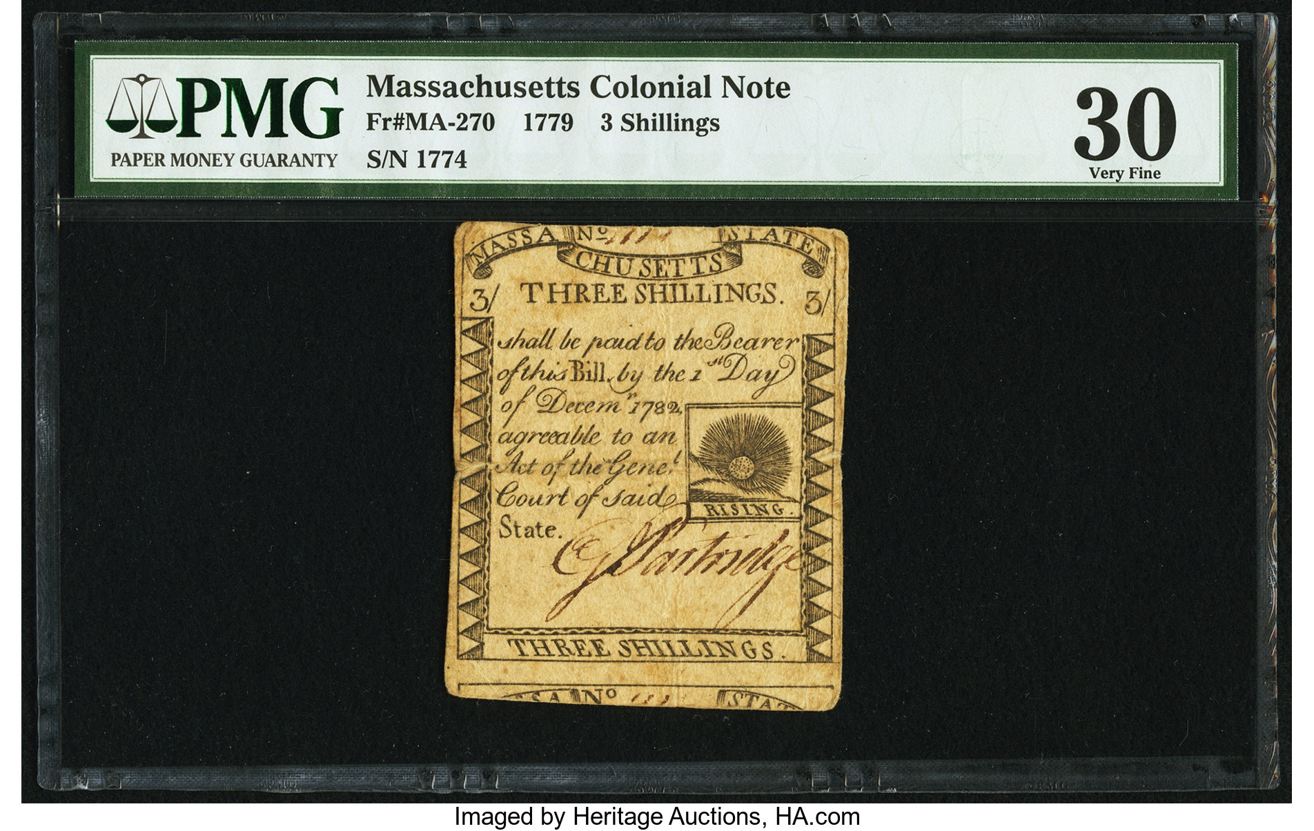 image for: Massachusetts 1779 3s PMG Very Fine 30....