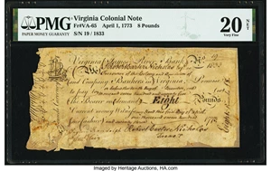 image for: Virginia April 1, 1773 £8 PMG Very Fine 20 Net....