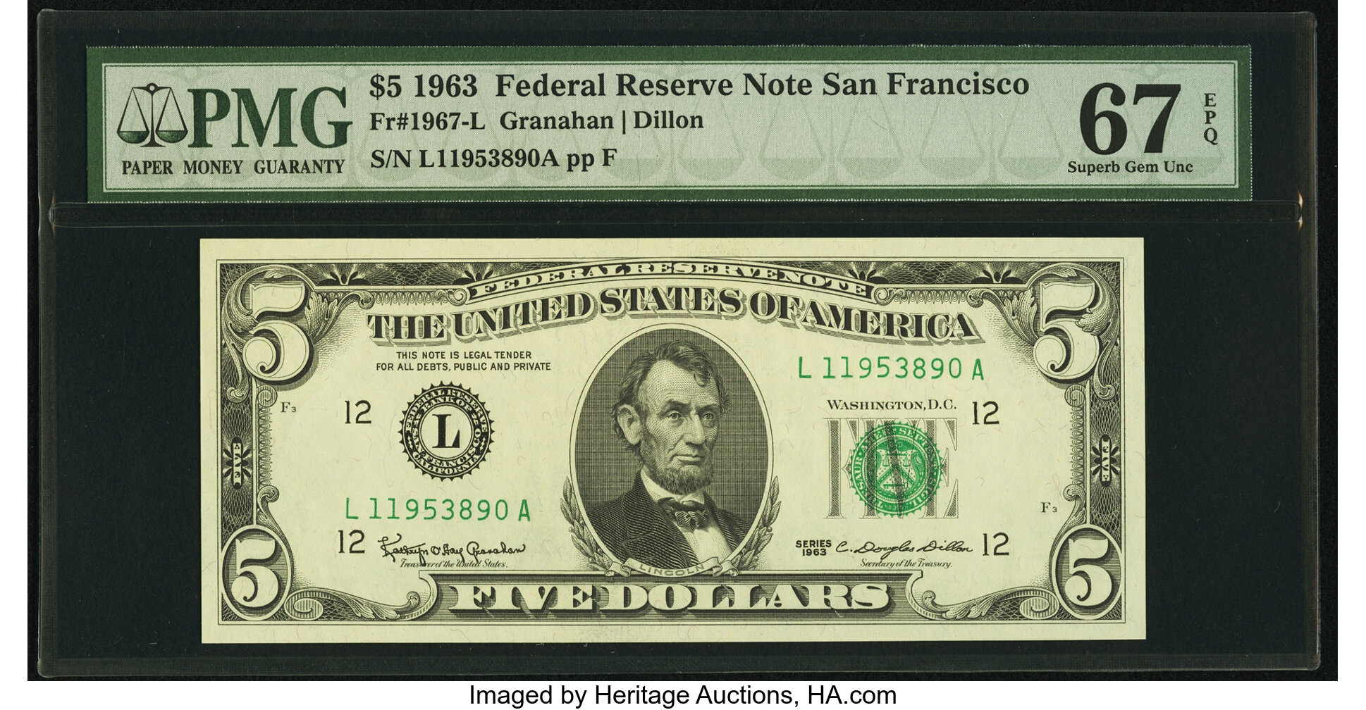 image for: Fr. 1967-L $5 1963 Federal Reserve Note. PMG Superb Gem Unc 67 EPQ....