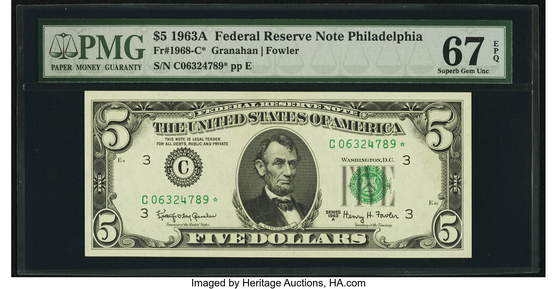 image for: Fr. 1968-C* $5 1963A Federal Reserve Note. PMG Superb Gem Unc 67 EPQ....