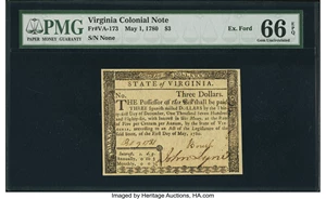 image for: Virginia May 1, 1780 $3 PMG Gem Uncirculated 66 EPQ....