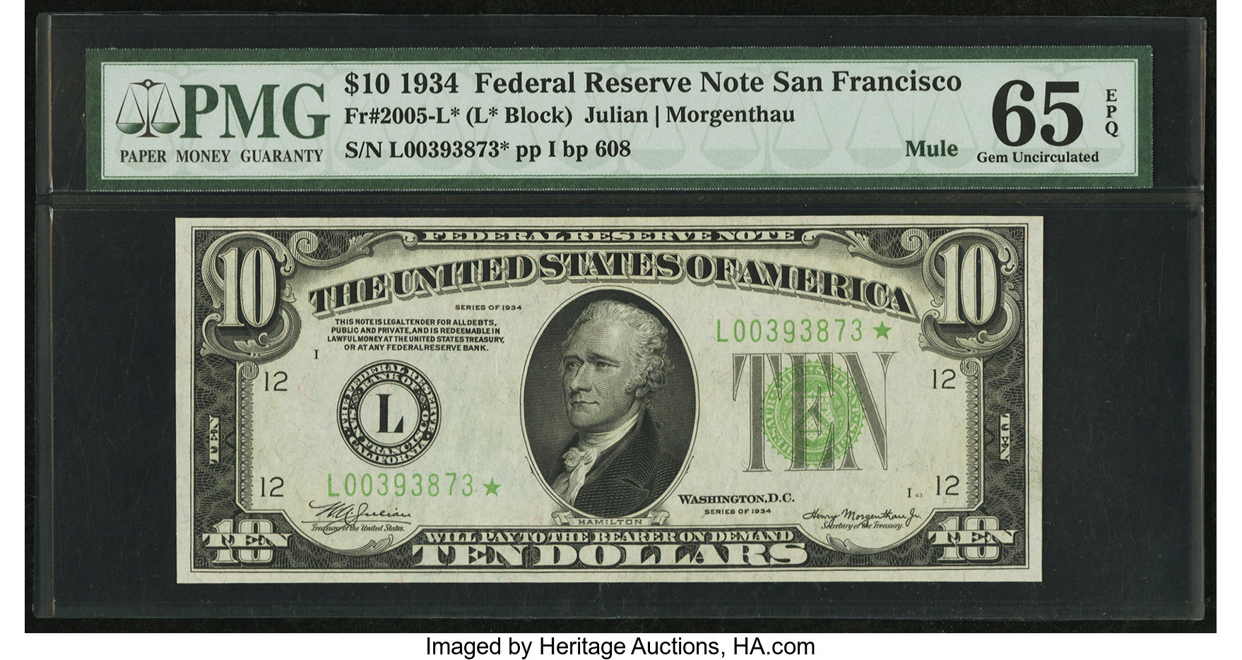 image for: Fr. 2005-L* $10 1934 Mule Federal Reserve Note. PMG Gem Uncirculated 65 EPQ....