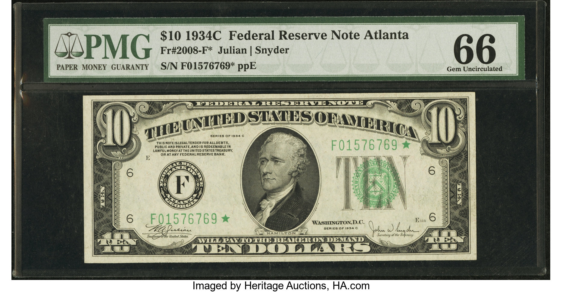 image for: Fr. 2008-F* $10 1934C Federal Reserve Note. PMG Gem Uncirculated 66....