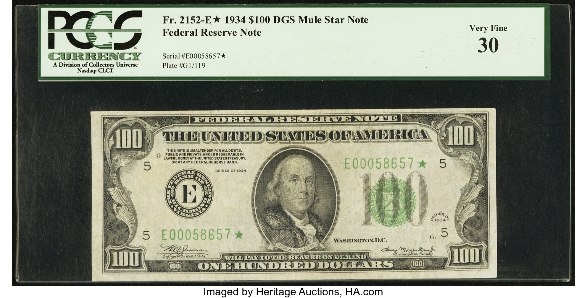 image for: Fr. 2152-E* $100 1934 Mule Federal Reserve Note. PCGS Very Fine 30....