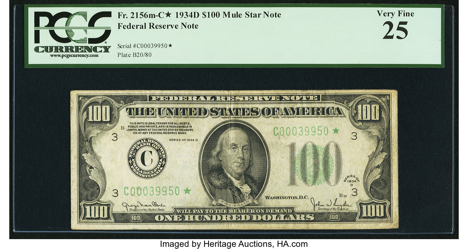 image for: Fr. 2156-C* $100 1934D Mule Federal Reserve Note. PCGS Very Fine 25....