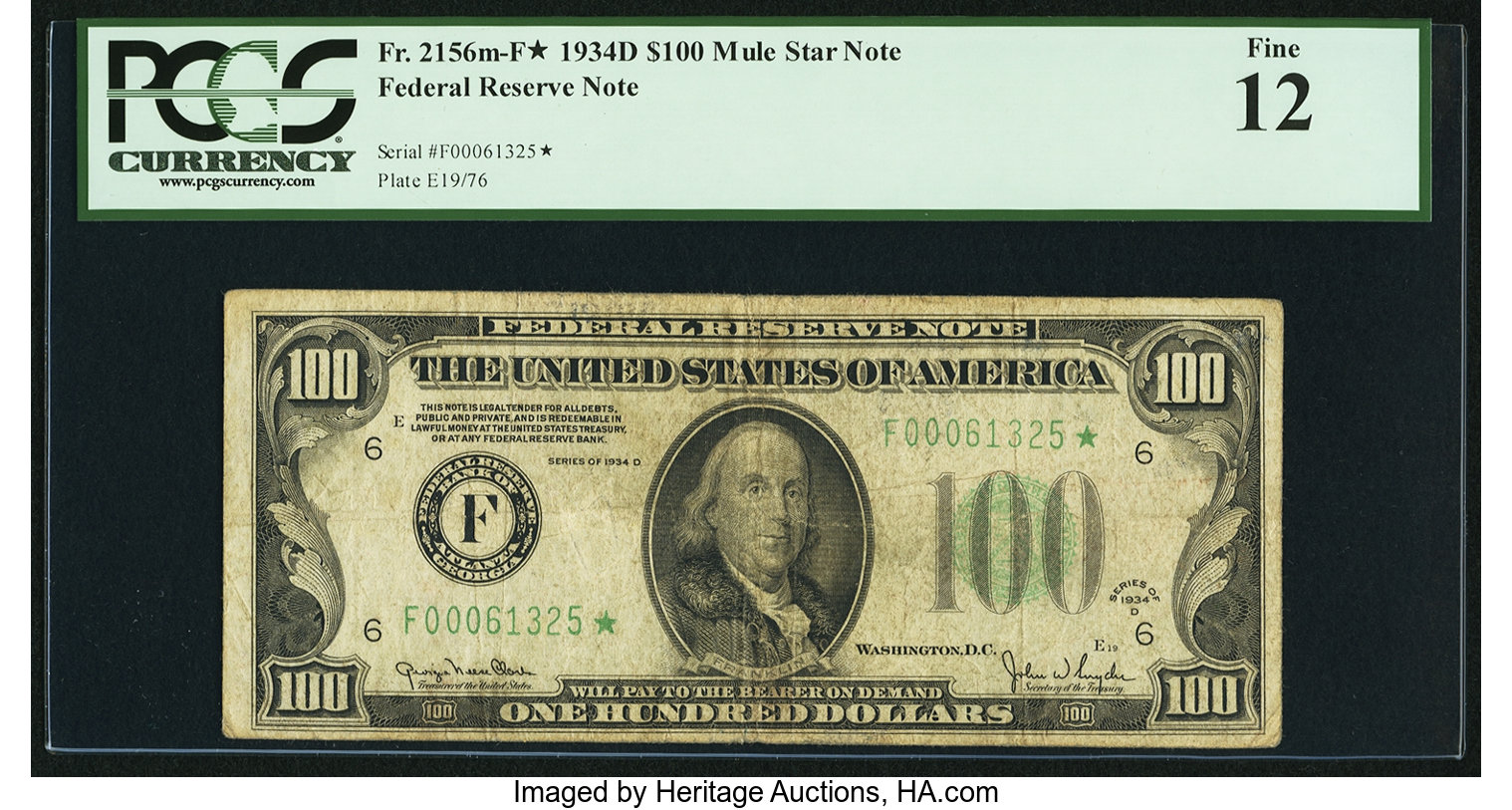 image for: Fr. 2156-F* $100 1934D Mule Federal Reserve Note. PCGS Fine 12....
