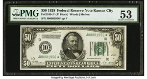 image for: Fr. 2100-J* $50 1928 Federal Reserve Note. PMG About Uncirculated 53....