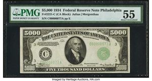image for: Fr. 2221-C $5,000 1934 Federal Reserve Note. PMG About Uncirculated 55....