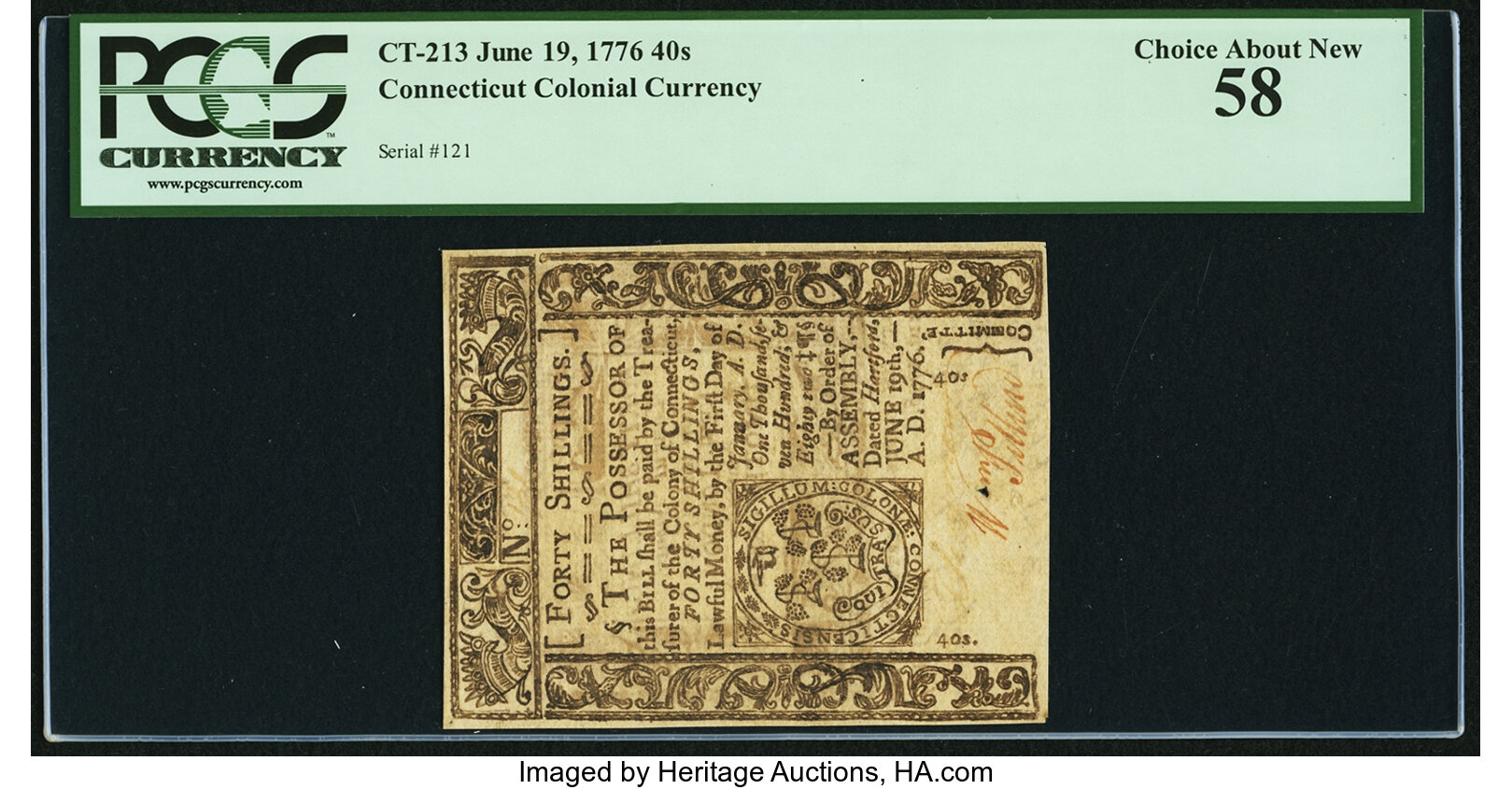 image for: Connecticut June 19, 1776 40s PCGS Choice About New 58....