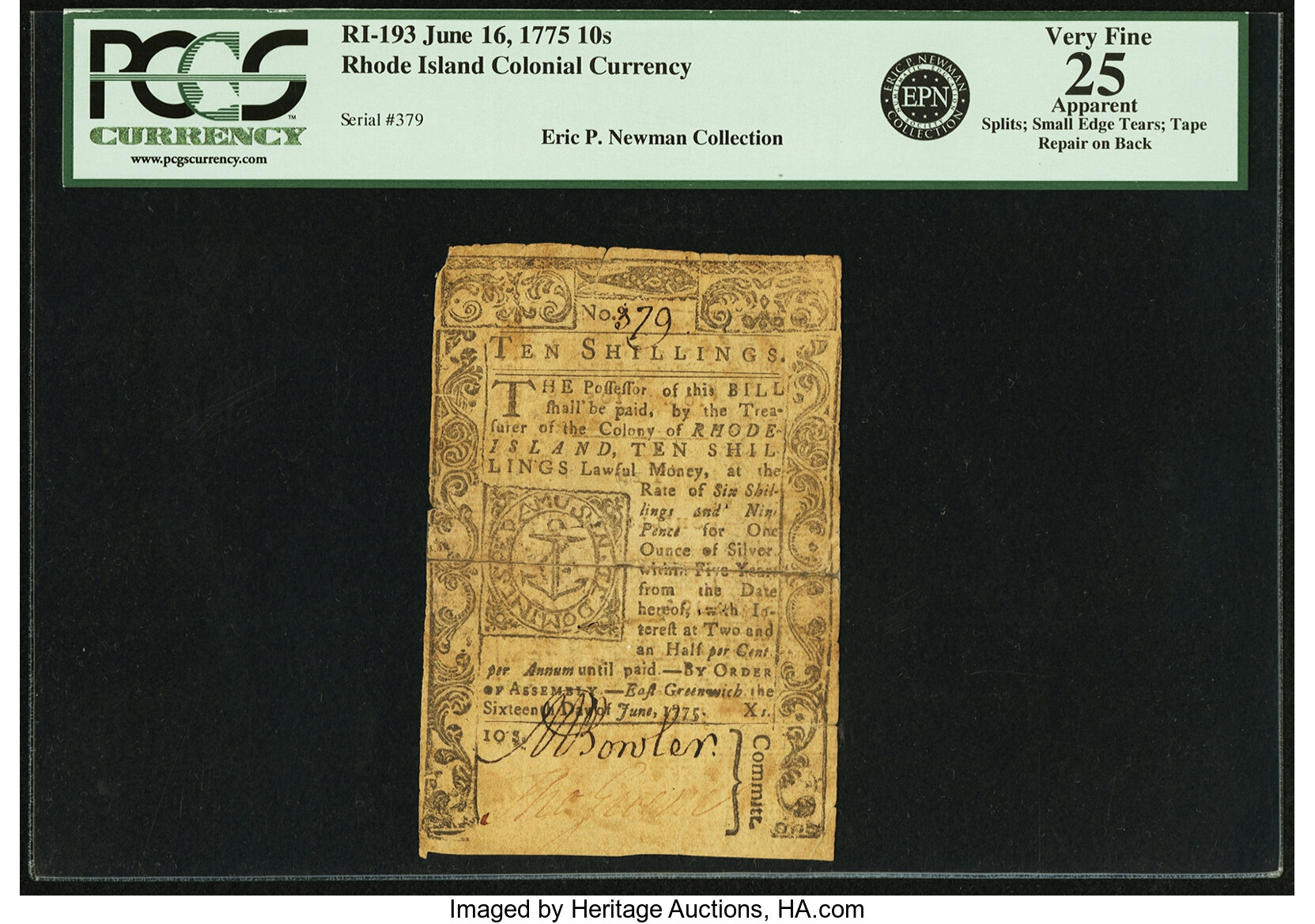 image for: Rhode Island June 16, 1775 10s PCGS Apparent Very Fine 25....
