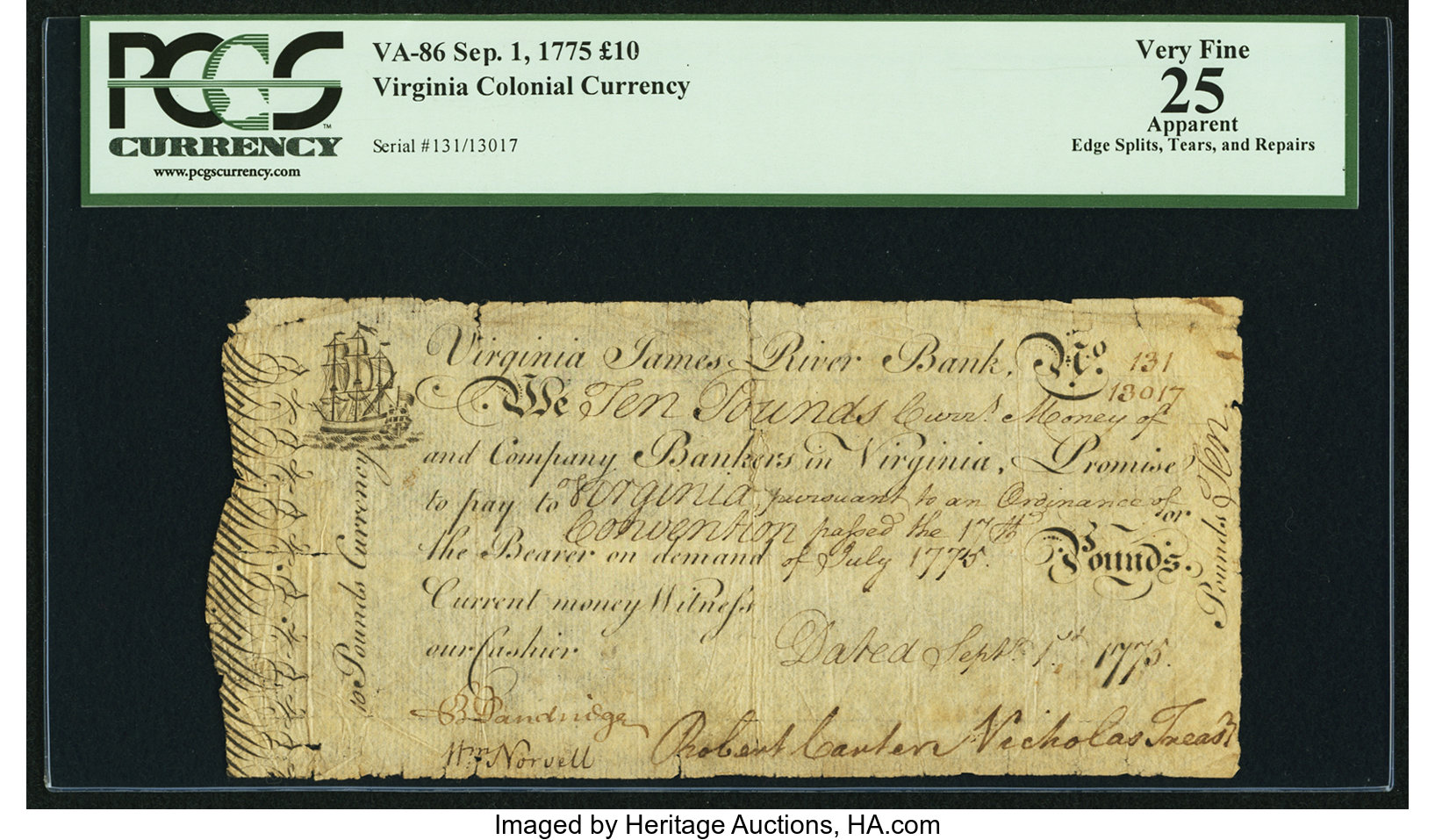 image for: Virginia September 1, 1775 £10 PCGS Apparent Very Fine 25....