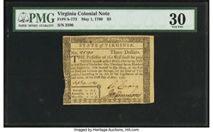 image for: Virginia May 1, 1780 $3 PMG Very Fine 30....