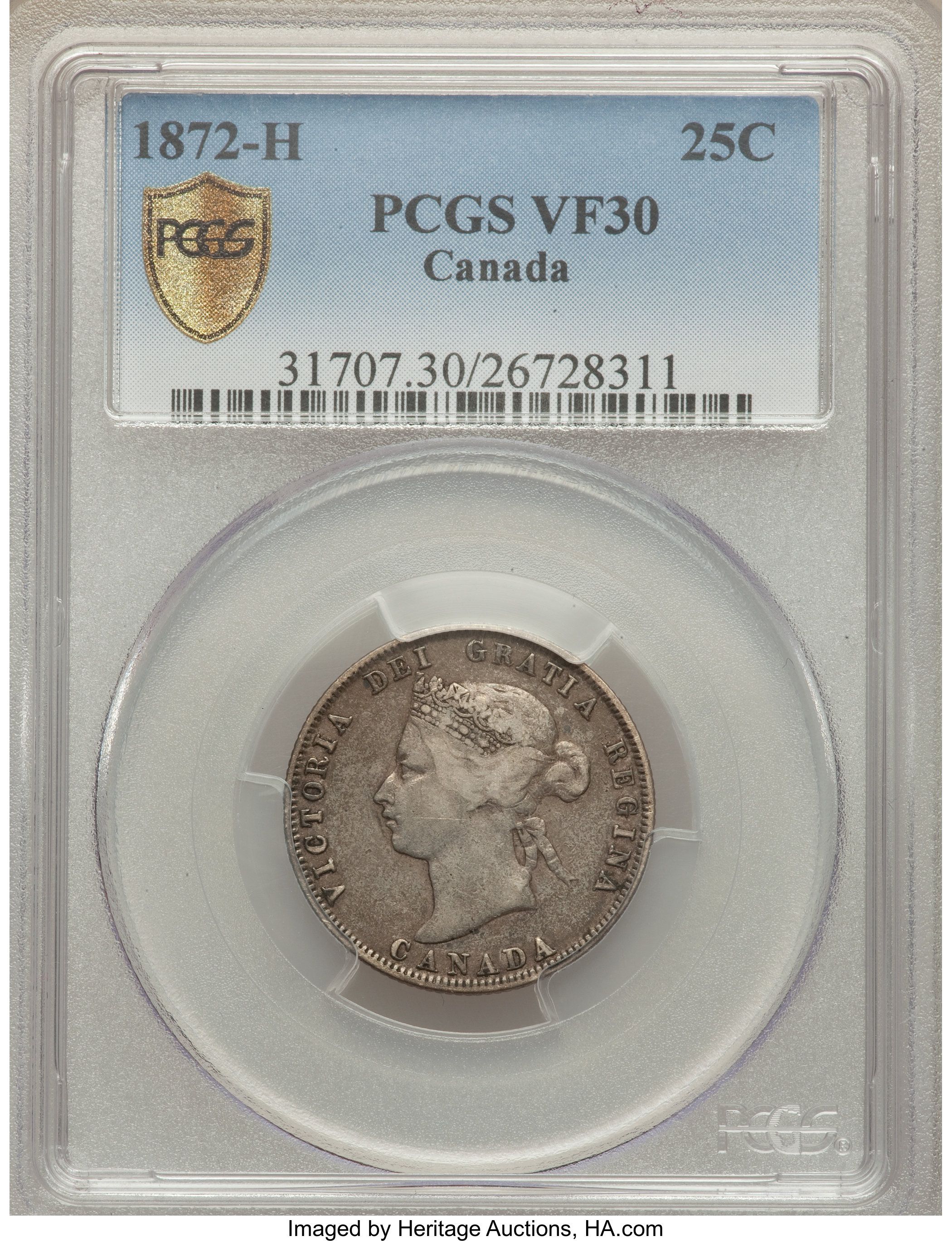image for: Victoria 25 Cents 1872-H VF30 PCGS