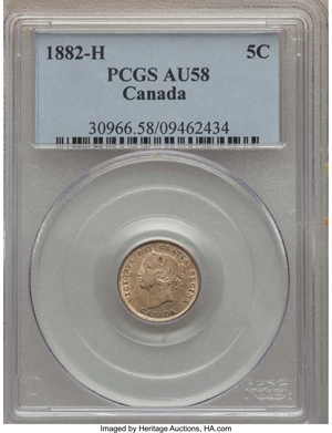 image for: Victoria 5 Cents 1882-H AU58 PCGS