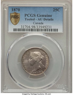 image for: Victoria 25 Cents 1870 AU Details (Tooled) PCGS