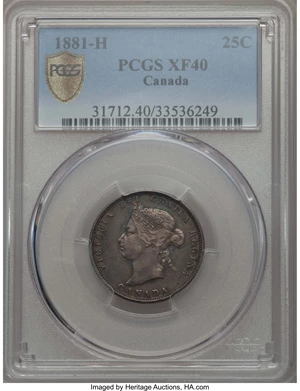 image for: Victoria 25 Cents 1881-H XF40 PCGS