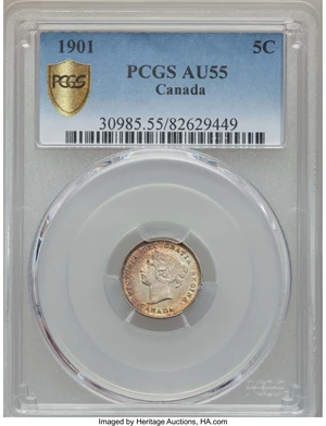 image for: Victoria 5 Cents 1901 AU55 PCGS