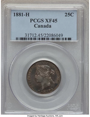 image for: Victoria 25 Cents 1881-H XF45 PCGS