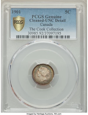 image for: Victoria 5 Cents 1901 UNC Detail (Cleaned) PCGS