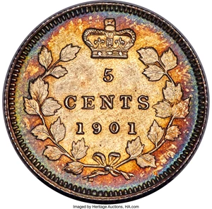 image for: Victoria 5 Cents 1901 UNC Detail (Cleaned) PCGS