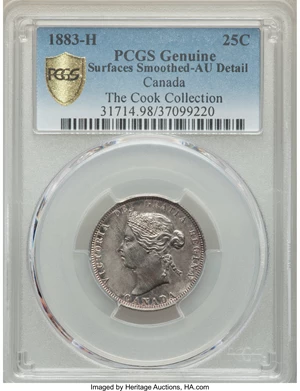 image for: Victoria 25 Cents 1883-H AU Detail (Surfaces Smoothed) PCGS