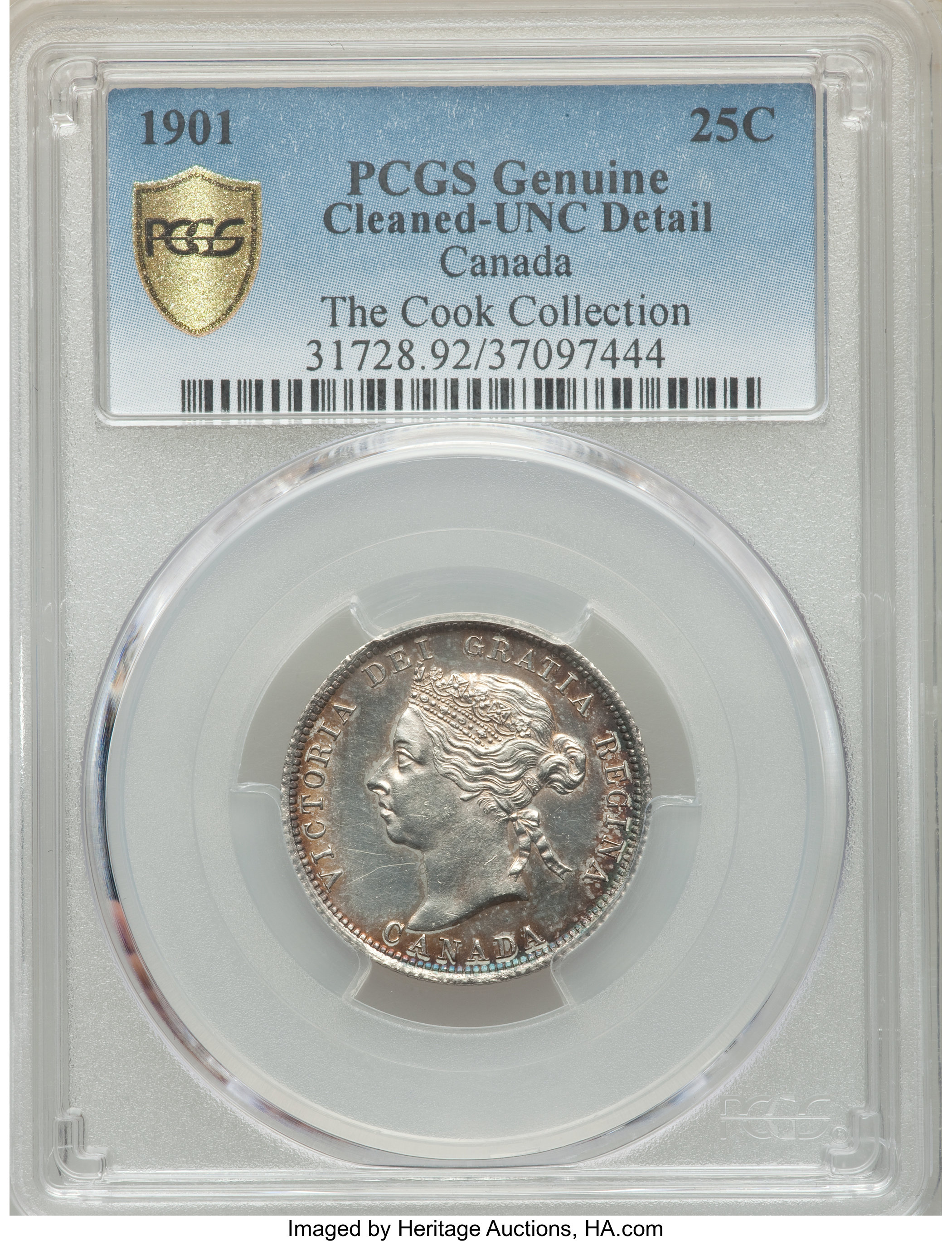image for: Victoria 25 Cents 1901 UNC Detail (Cleaned) PCGS