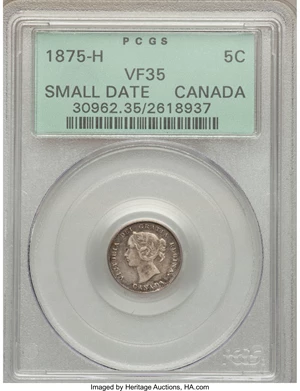 image for: Victoria 5 Cents 1875-H VF35 PCGS