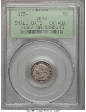 image for: Victoria 5 Cents 1875-H VF30 PCGS