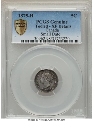 image for: Victoria 5 Cents 1875-H XF Details (Tooled) PCGS