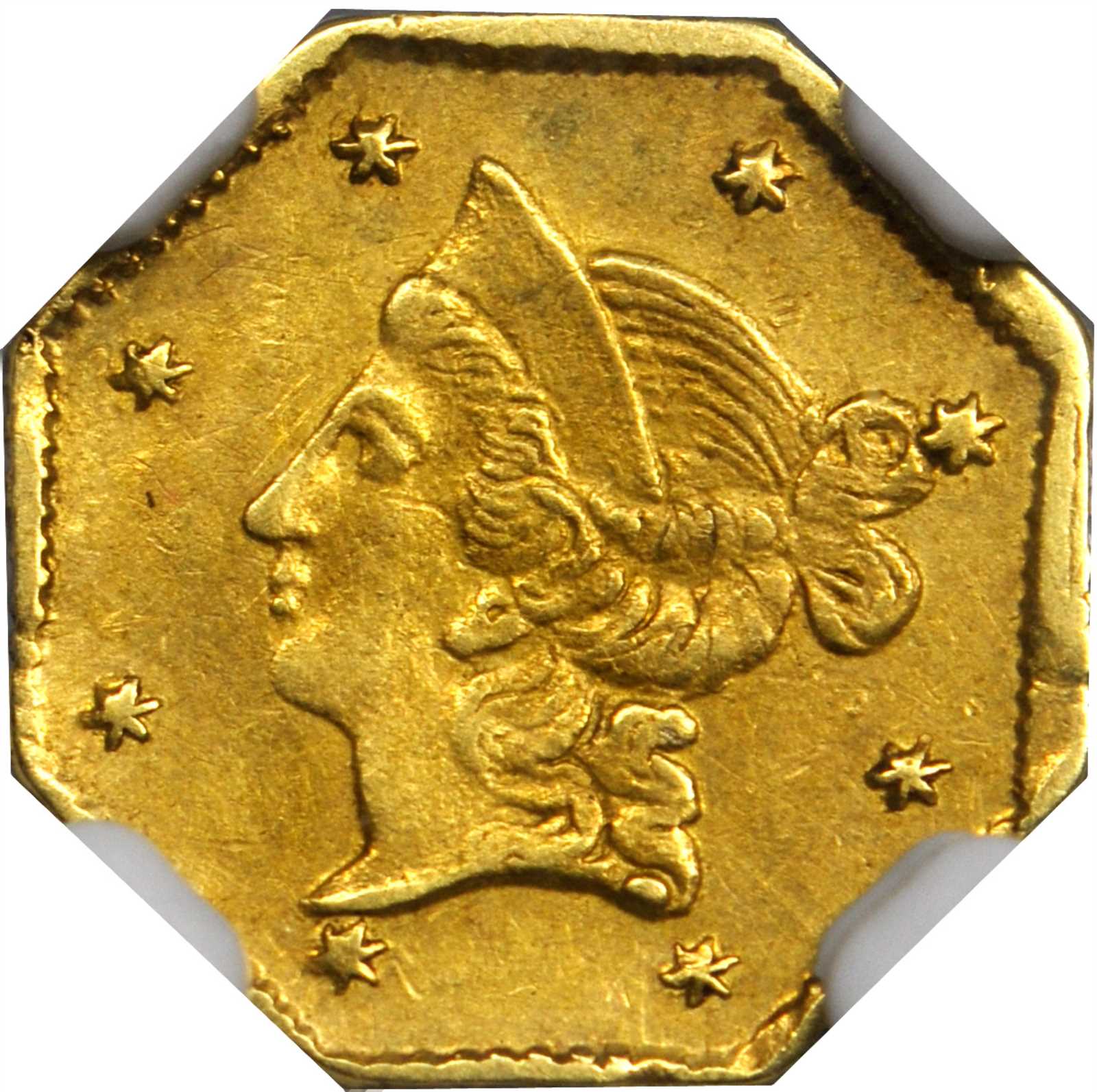 image for: 1853-DERI Octagonal $1. BG-518. Rarity-5. Liberty Head. AU Details--Improperly Cleaned (NGC).