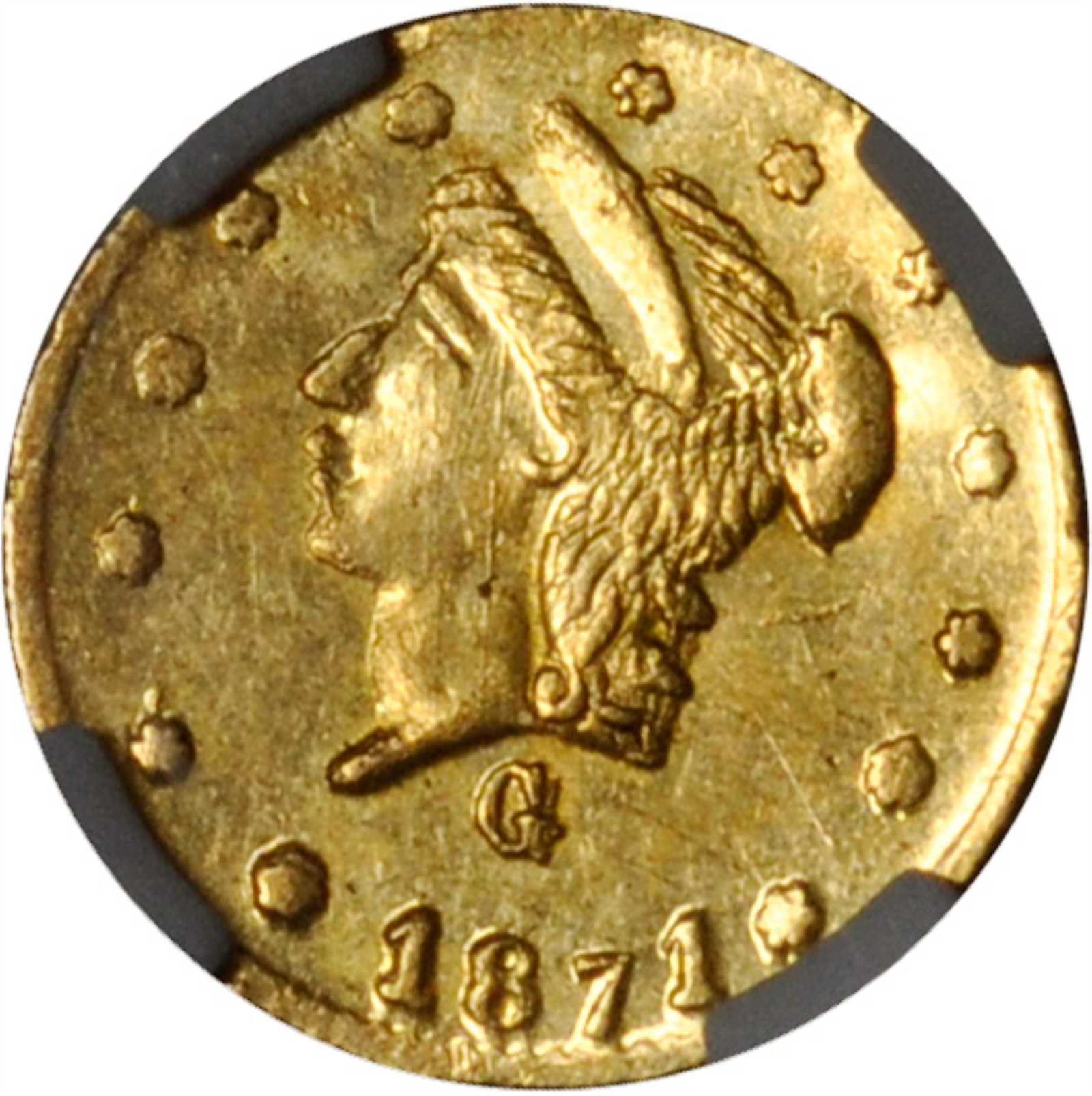 image for: 1871-G Round 25 Cents. BG-840. Rarity-4-. Liberty Head. Unc Details--Bent (NGC).