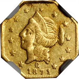 image for: 1871-G Octagonal $1. BG-1109. Rarity-4-. Liberty Head. AU-55 (NGC).