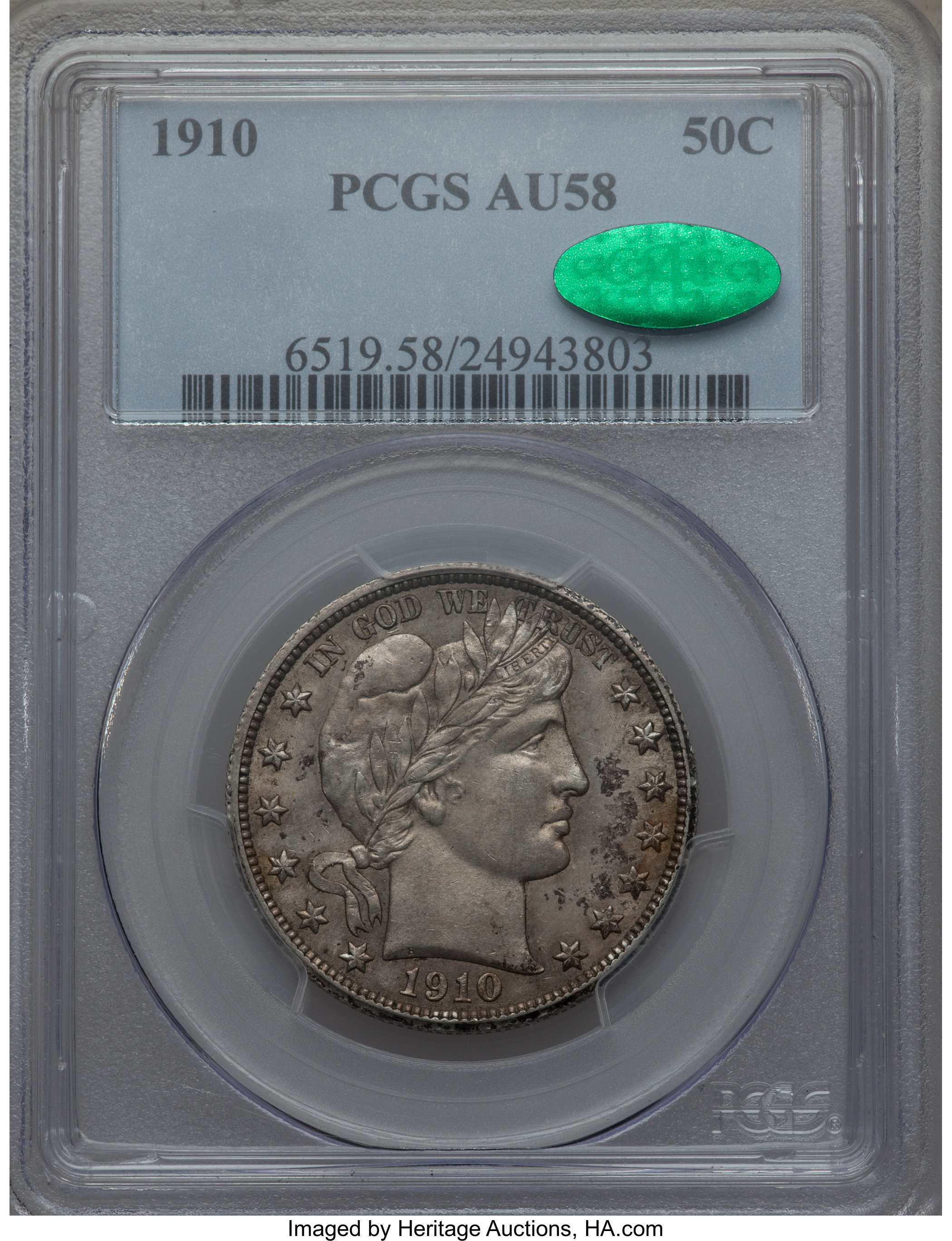 1910 50C AU58 PCGS. CAC. PCGS Population: (23/124). NGC Census: (16/83). CDN: $400 Whsle. Bid for problem-free NGC/PCGS AU5...