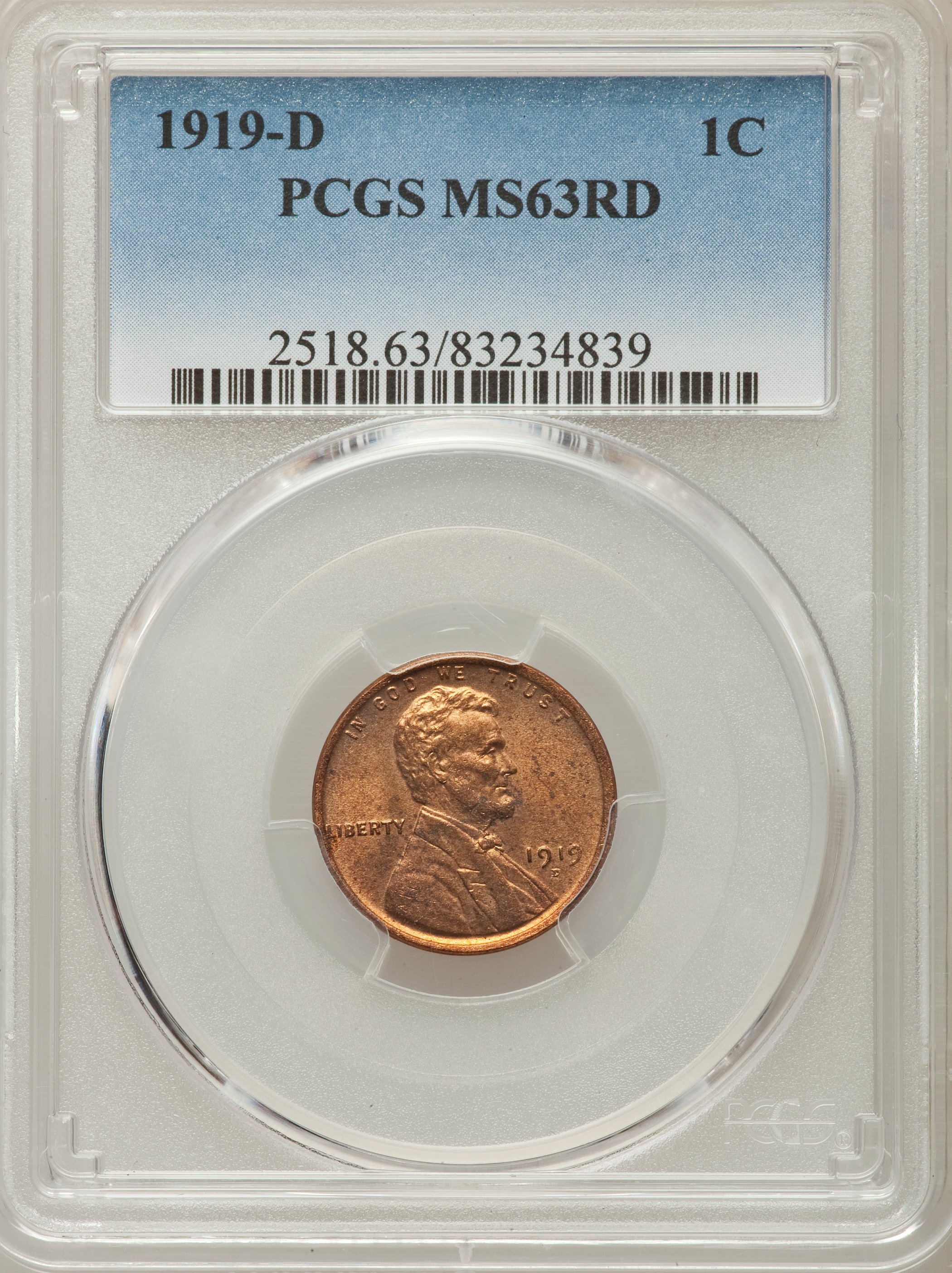 1919-D 1C MS63 Red PCGS. PCGS Population: (75/273). NGC Census: (19/83). Mintage 57,154,000. ...
