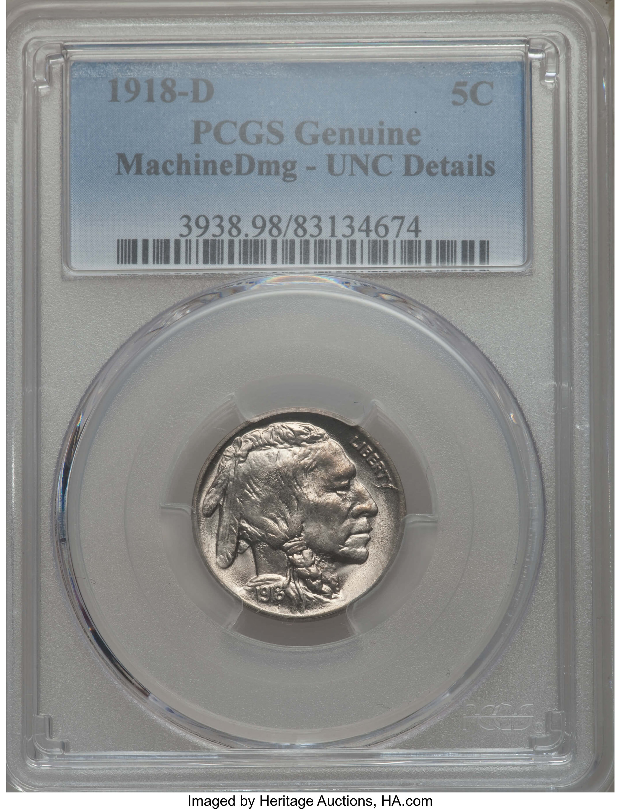 1918-D 5C -- Machine Damage -- PCGS Genuine. UNC Details. NGC Census: (3/322). PCGS Population: (9/585). CDN: $400 Whsle. B...