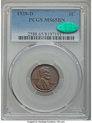 image for: 1928-D 1C MS65 Brown PCGS. CAC. PCGS Population: (13/2). NGC Census: (15/2). Mintage 31,170,000. ...