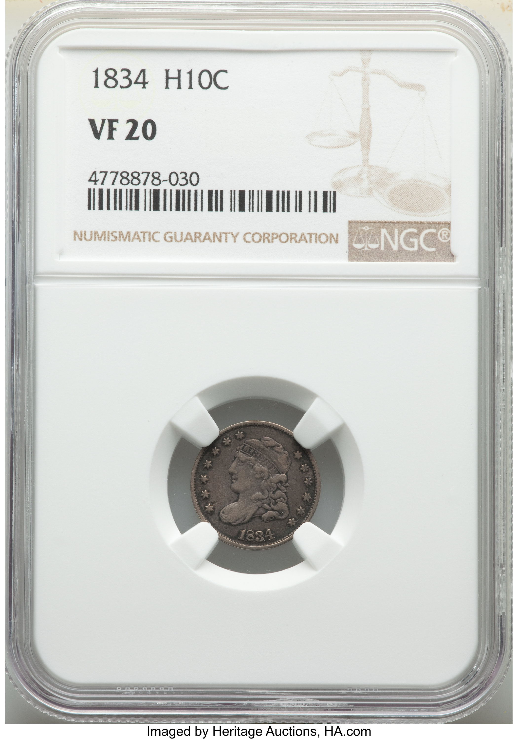 1834 H10C VF20 NGC. NGC Census: (7/599). PCGS Population: (9/809). CDN: $90 Whsle. Bid for NGC/PCGS VF20. Mintage 1,480,000...
