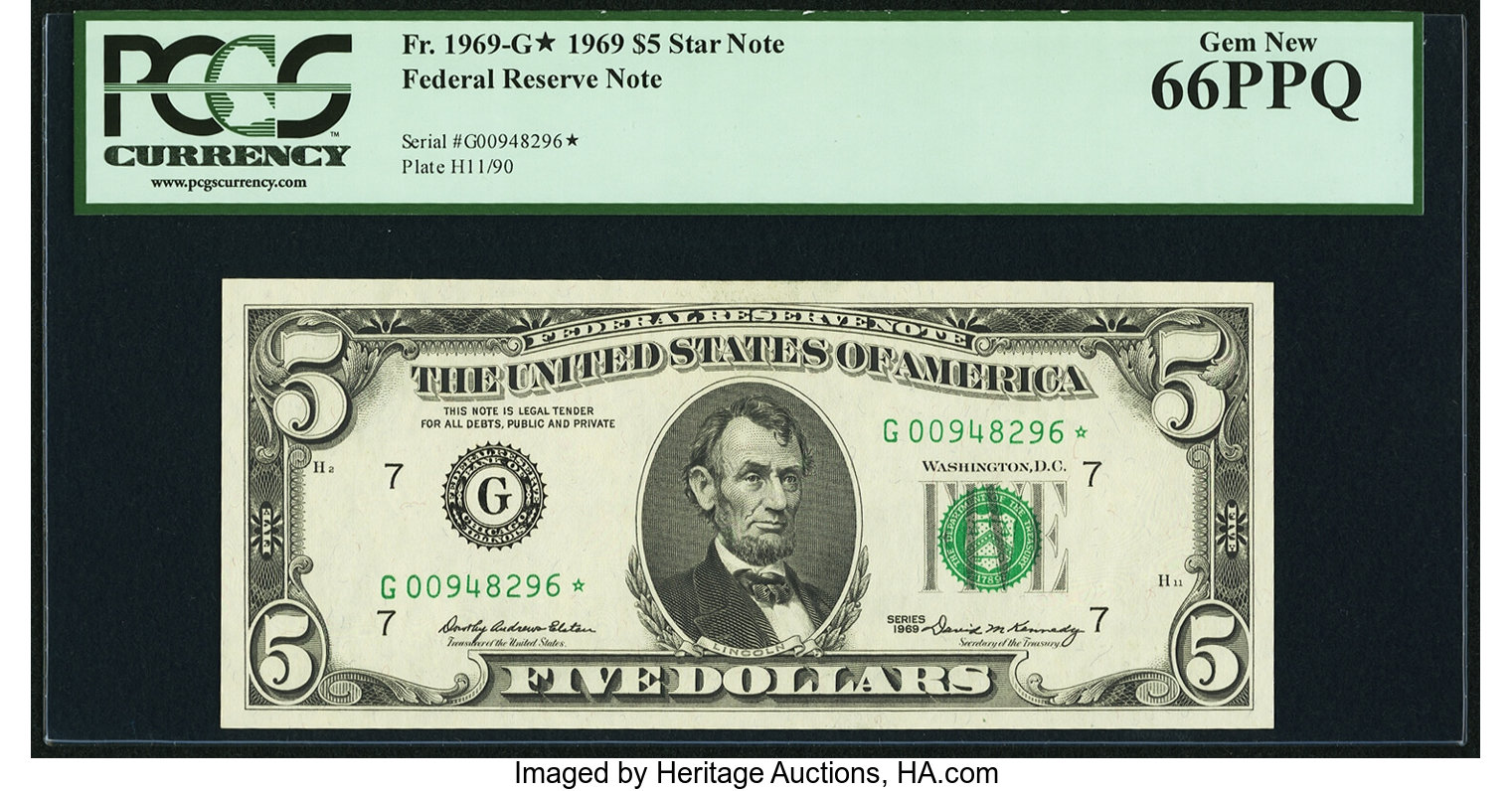 image for: Fr. 1969-G* $5 1969 Federal Reserve Note. PCGS Gem New 66PPQ....
