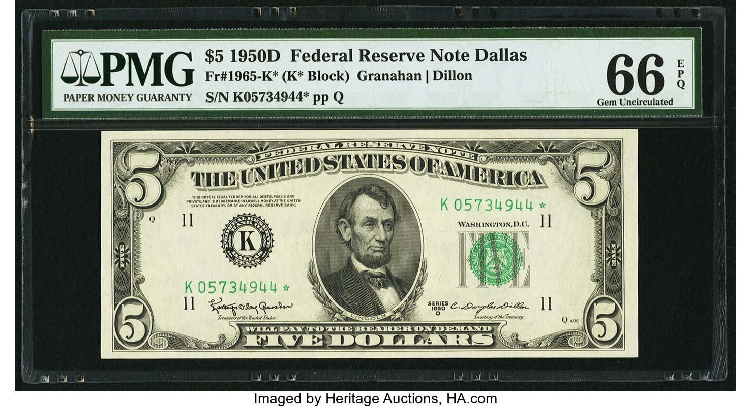 image for: Fr. 1965-K* $5 1950D Federal Reserve Star Note. PMG Gem Uncirculated 66 EPQ....