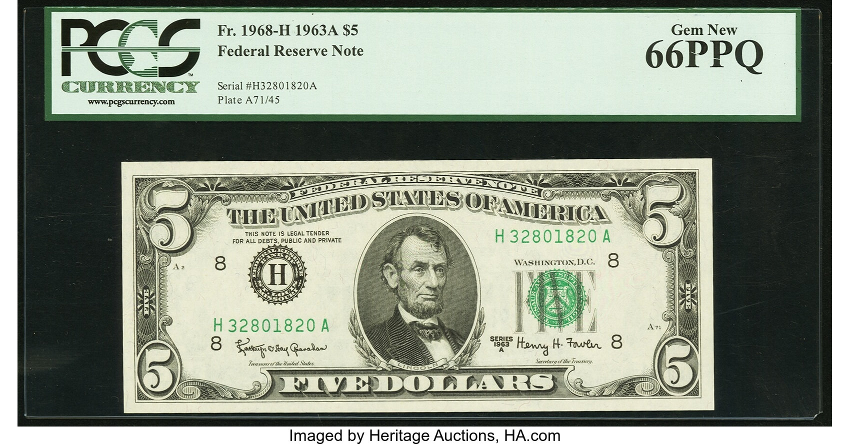 image for: Fr. 1968-H $5 1963A Federal Reserve Note. PCGS Gem New 66PPQ....