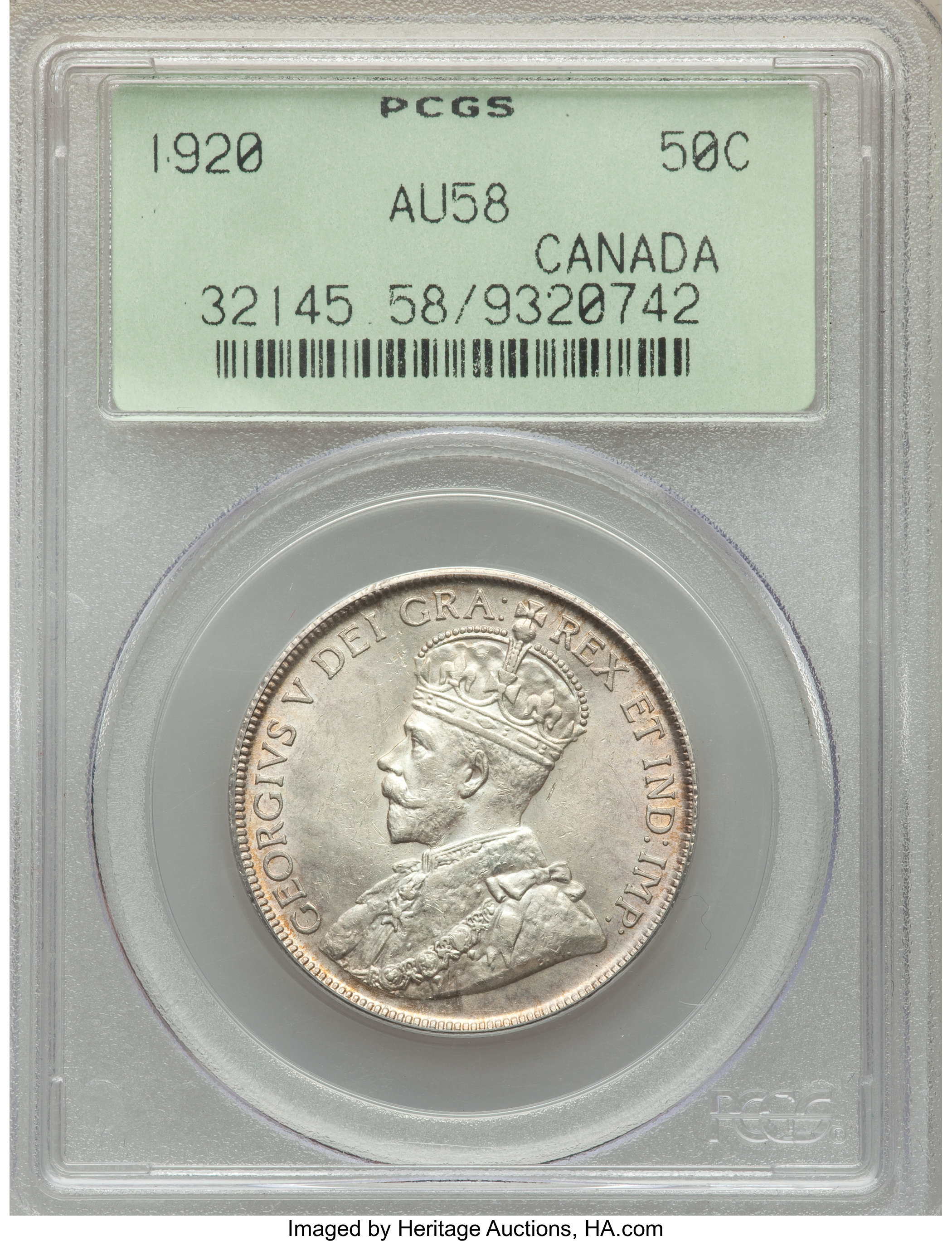 image for: George V 50 Cents 1920 AU58 PCGS