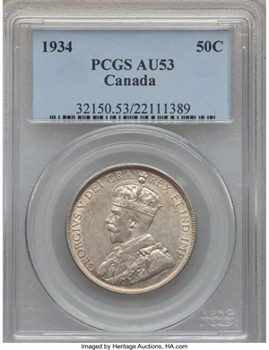 image for: George V 50 Cents 1934 AU53 PCGS