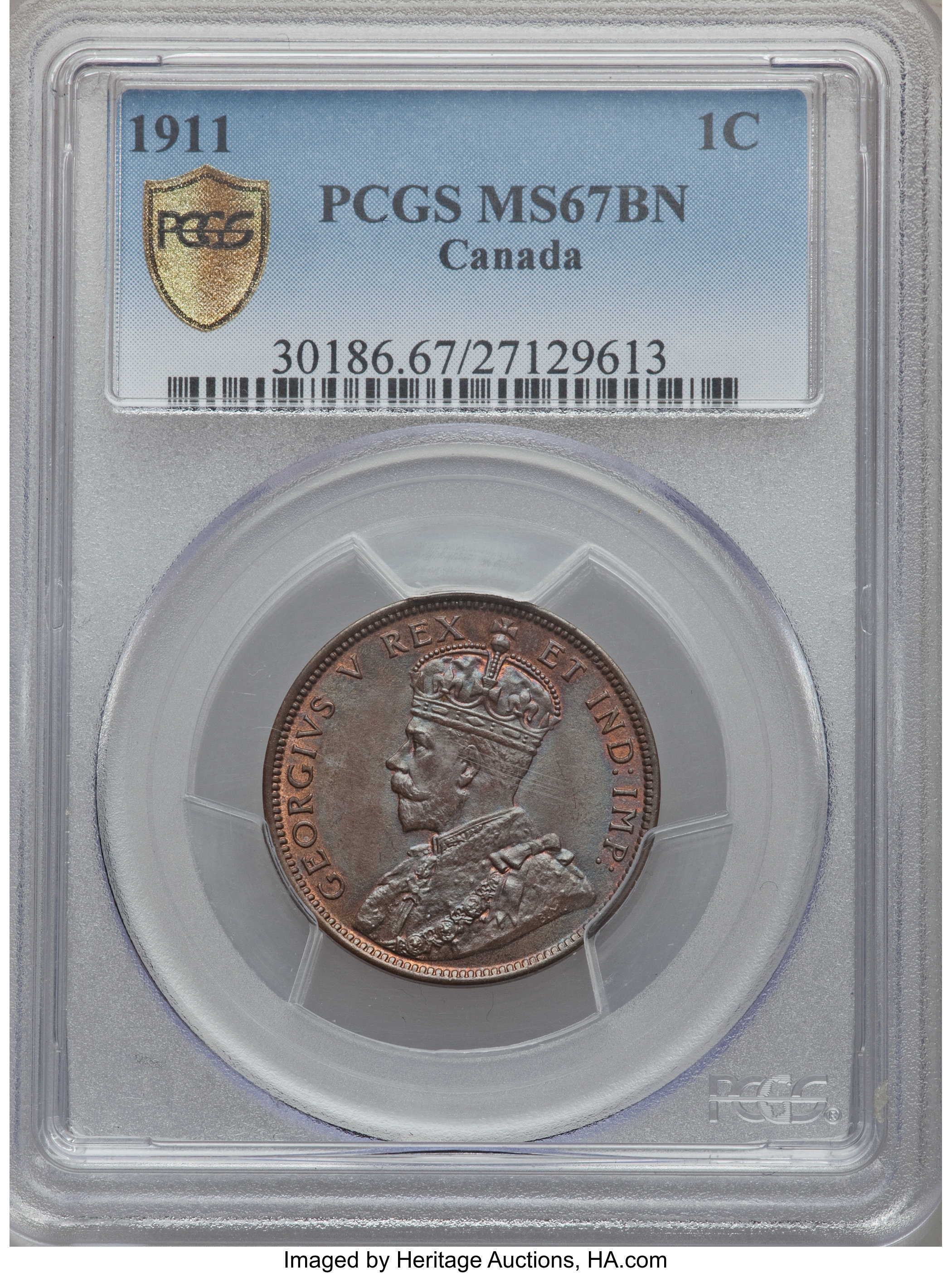 image for: George V Cent 1911 MS67 Brown PCGS